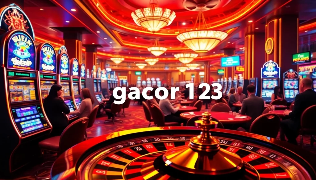 Experience gacor123 as players revel in winnings at a lively casino table with cards and chips.