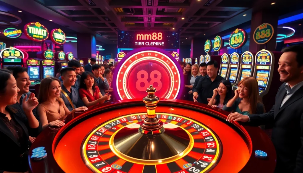 Experience mm 88 excitement with players around a vibrant roulette wheel in a luxurious casino setting.